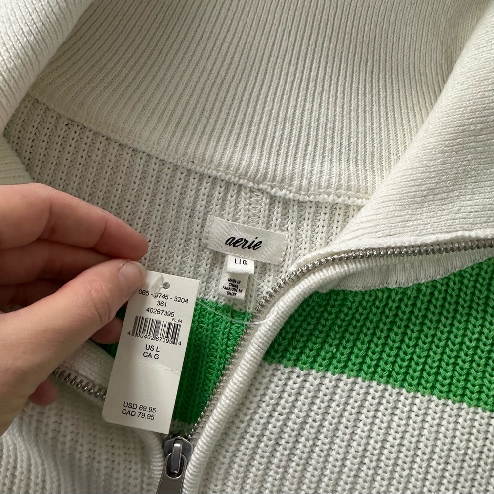 NWT Aerie Oversized Beyond Quarter Zip Sweater, Green and White Striped, Large - Picture 8 of 14